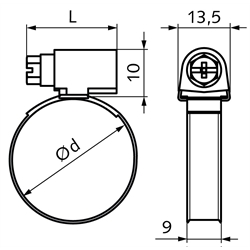 Schlauchschelle DIN 3017 A Typ W1 Stahl verzinkt Spannbereich 16-27mm Bandbreite 9mm, Technische Zeichnung