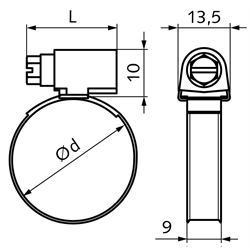 Schlauchschelle DIN 3017 A Typ W4 Edelstahl 1.4301 Spannbereich 8-12mm Bandbreite 9mm, Technische Zeichnung