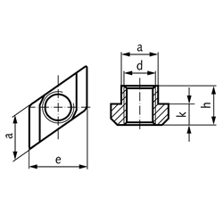 Mutter DIN 508 Rhombus für T-Nut 22mm DIN 650 Gewinde M20 Güteklasse 10, Technische Zeichnung