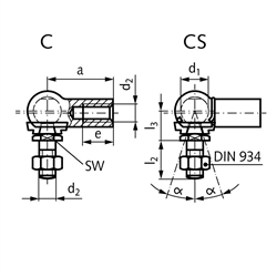 Winkelgelenk DIN 71802 Ausführung CS mit Sicherungsbügel Größe 13 Gewinde M8 links mit Mutter Stahl verzinkt mit montierter Dichtkappe, Technische Zeichnung