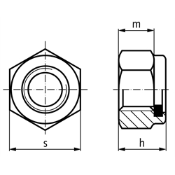 Sechskantmutter DIN 982 (ähnlich DIN EN ISO 7040) mit Klemmteil aus Polyamid M8 Edelstahl A4, Technische Zeichnung