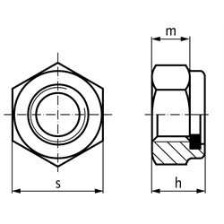 Sechskantmutter DIN 985 (ähnlich DIN EN ISO 10511) mit Klemmteil aus Polyamid M30 Stahl verzinkt Festigkeit 10, Technische Zeichnung