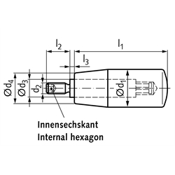 Drehbarer Zylindergriff 598 aus Kunststoff Durchmesser 28mm Ausführung K mit Gewindezapfen M10 verzinkt , Technische Zeichnung