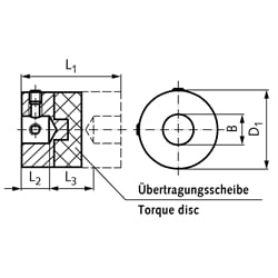 Drehstarre Kupplung HZ mit Sacklochbohrung 6 mm max. Drehmoment 4,0 Nm Außendurchmesser 25,4mm , Technische Zeichnung