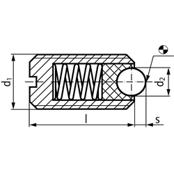 Federndes Druckstück M10 mit beweglicher Kugel und Schlitz Edelstahl 1.4305, Technische Zeichnung