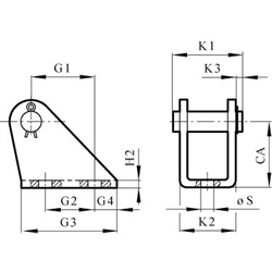 Gabelbock mit Splint für Zylinderdurchmesser 20/25mm , Technische Zeichnung