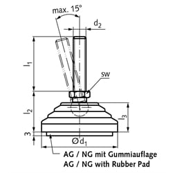 Gelenkfuss 344 Form AG M10 x 98mm lang Tellerdurchmesser 60mm , Technische Zeichnung