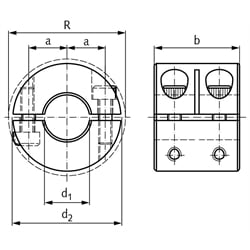 Geteilter Klemmring breit Edelstahl 1.4305 Bohrung 10mm mit Schrauben DIN 912 A2-70 , Technische Zeichnung