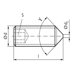 Gewindestift ISO 4027 (ex DIN 914) mit Innensechskant und Spitze Stahl 45H M4 x 10mm, Technische Zeichnung
