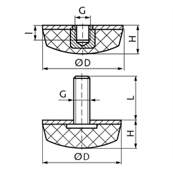 Gummi-Metall-Anschlagpuffer MGK Durchmesser 50mm Gewinde M 10x28 , Technische Zeichnung