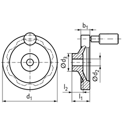 Scheiben-Handrad 326 Ausführung B/G mit Griff Durchmesser 250mm , Technische Zeichnung