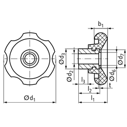 Handrad 527.1 aus Kunststoff Thermoplast mit Stahlnabe mit Umfangsnuten Durchmesser 60mm Bohrung 12H7 , Technische Zeichnung