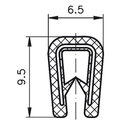 Kantenschutzprofil PVC schwarz Klemmbereich 1,0 - 2,0 mm Höhe 9,5mm Breite 6,5mm, Technische Zeichnung