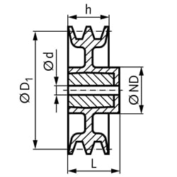 Keilriemenscheibe aus Aluminium Profil XPA, SPA und A (13) 2-rillig Nenndurchmesser 71mm, Technische Zeichnung