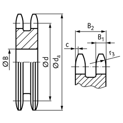 Zweifach-Kettenradscheibe ZRL ohne Nabe 06 B-2 3/8x7/32" 114 Zähne Mat. Stahl , Technische Zeichnung