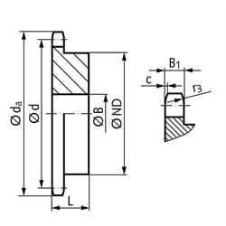 Kettenrad KRG mit einseitiger Nabe 16 B-1 1"x17,02mm 9 Zähne Material Stahl Zähne induktiv gehärtet, Technische Zeichnung