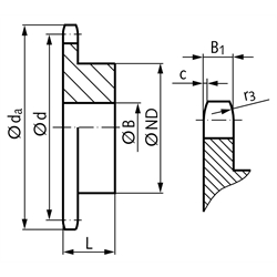 Kettenrad KRR mit einseitiger Nabe 08B-1 1/2x5/16" 19 Zähne Mat. 1.4301, Technische Zeichnung