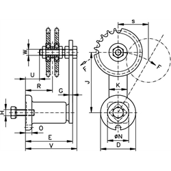 Kettenspanner für Zweifach-Rollenkette 08 B-2 1/2X5/16" bestehend aus 14052501 + 14080200, Technische Zeichnung