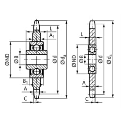 Kettenspannrad KSP-R Material 1.4301 10 B-1 5/8x3/8" 14 Zähne mit Kugellager, Technische Zeichnung