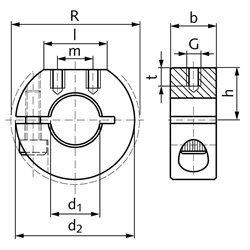 Geschlitzter Klemmring aus Stahl C45 brüniert Bohrung 40mm mit Schraube DIN 912 12.9 Ausf. GR, Technische Zeichnung