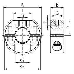 Geteilter Klemmring aus Edelstahl 1.4305 Bohrung 50mm mit Schrauben DIN 912 A2-70 Ausf. GR, Technische Zeichnung
