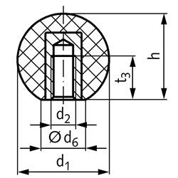 Kugelknopf ähnlich DIN 319 Form E Gummi NBR mit Stahlgewindebuchse Durchmesser 20mm M6, Technische Zeichnung