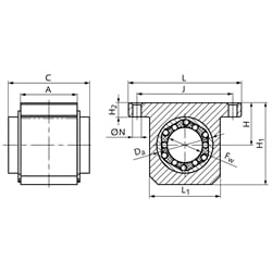 Linearlagereinheit KG-3-K ISO-Reihe 3 mit Linear-Kugellager mit Winkelausgleich mit Doppellippendichtung für Wellen-Ø 25mm, Technische Zeichnung