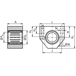 Linearkugellagereinheit KG-1 ISO-Reihe 1 Premium mit Doppellippendichtungen für Wellendurchmesser 14mm rostfrei, Technische Zeichnung