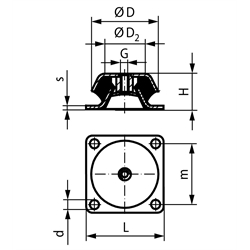 Maschinenfuß mit Abreisssicherung Durchm. 101mm Höhe 40mm Gewinde M12 Flansch quadratisch, Technische Zeichnung