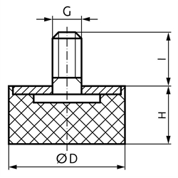 Gummi-Metall-Anschlagpuffer MGS Durchmesser 25mm Höhe 10mm Gewinde M6 x 18mm Edelstahl 1.4301, Technische Zeichnung