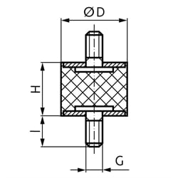 Metall-Gummipuffer MGP Durchmesser 30mm Höhe 15mm Gewinde M8 x 20mm Edelstahl 1.4301 , Technische Zeichnung