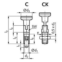 Rastbolzen 717 Form CK Bolzendurchmesser 4mm Gewinde M8x1, Technische Zeichnung