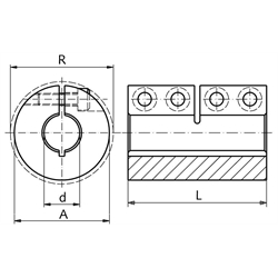 Geschlitzte Schalenkupplung MAS beidseitig Bohrung 10mm ohne Nut Edelstahl 1.4305 mit Schrauben DIN 912 A2-70 , Technische Zeichnung