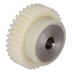 Stirnzahnrad aus Kunststoff PA12G weiß (naturfarben) mit Stahlkern Modul 2 56 Zähne Zahnbreite 20mm Außendurchmesser 116mm, Produktphoto