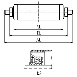 Tragrolle K3 Kunststoff blau Ø=50mm RL=200mm EL=217mm AL=247mm Außengewinde, Technische Zeichnung