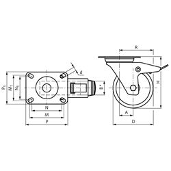 Schwerlast-Transportrolle mit Lochplatte PU-Bandage Aluminiumrad Lenkrolle mit Feststeller Rad-Ø 80, Technische Zeichnung