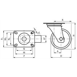 Schwerlast-Transportrolle mit Lochplatte Kunststoffrad weiß Lenkrolle Rad-Ø 150, Technische Zeichnung
