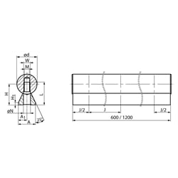 Präzisions-Wellenstahl mit Wellenunterstützung niedrige Ausführung Ø 40h6 x 1200mm lang, Technische Zeichnung