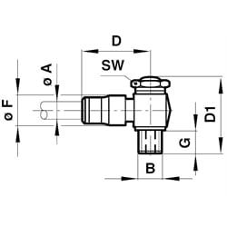 Winkel-Schwenkverbindung mit Drosselrückschlagventil Einsatz auf der Abluftseite mit Dichtring Rohr-Außendurchmesser 4mm Gewinde M5 , Technische Zeichnung