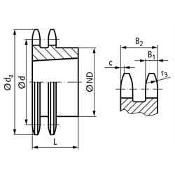 Zweifach-Kettenrad ZRT 06 B-2 3/8x7/32" 45 Zähne Material Stahl für Taper-Spannbuchse Typ 1610 , Technische Zeichnung